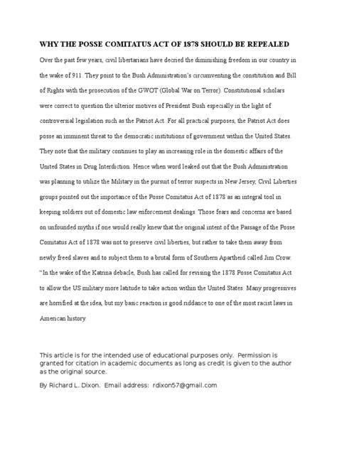 Why The Posse Comitatus Act of 1878 Should Be Repealed | Download Free PDF | Reconstruction Era ...