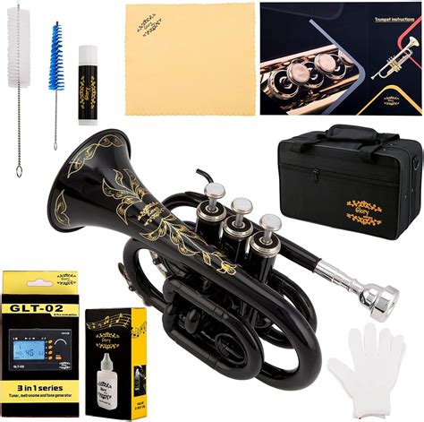 Buy Glory Bb Pocket Trumpet with Case, Tuner, Slide Grease,Cleaning Cloth, Gloves, Black Online ...