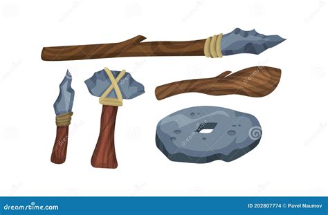 Stone Age Hunting Weapons with Stick and Spear Vector Set Stock Vector ...