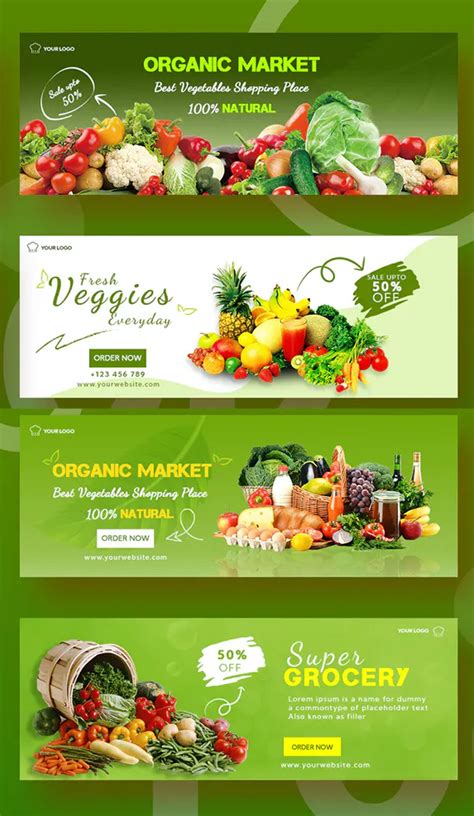 three banners for organic market with fruits and vegetables on the front, two are green