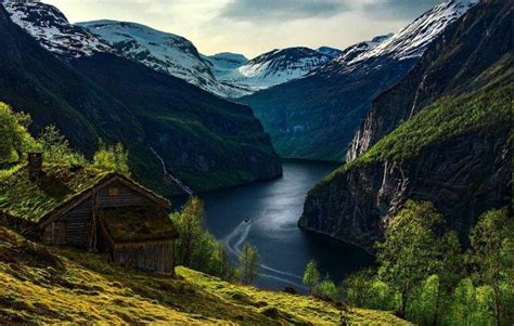 nature, Landscape, Geiranger, Fjord, Norway, Mountain, Cabin, Trees, Morning, Snowy Peak, Boat ...