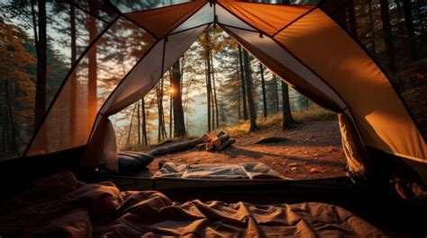 Premium AI Image | A camping tent in a nature hiking spot view from inside the tent