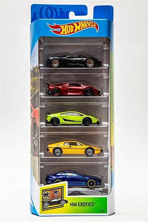 four hot wheels cars in a display case on a white background with the box open