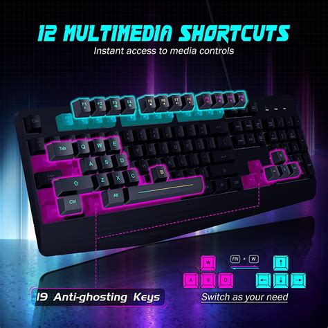 Gaming Keyboard, 7-Color Rainbow LED Backlit, 104 Keys Quiet Light Up – MPOW