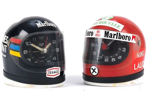 Vintage James Hunt + Niki Lauda Heuer Helmet Alarm Clocks