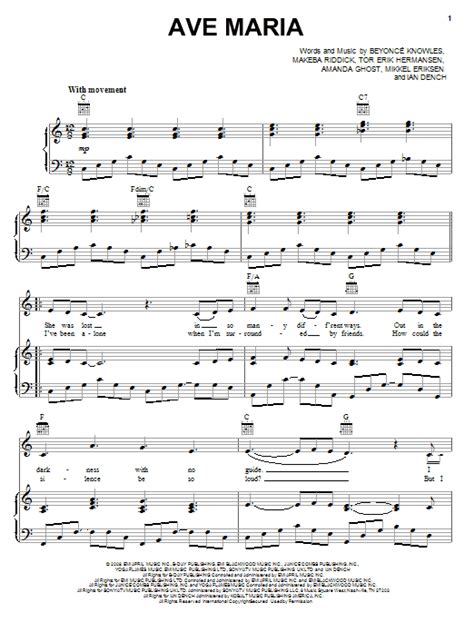 Ave Maria Sheet Music | Beyonce | Piano, Vocal & Guitar (Right-Hand Melody) | Sheet music, Sheet ...