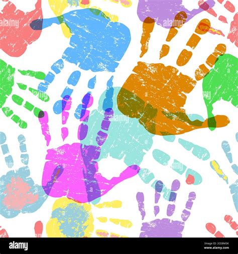 Prints of multicolored hands, gruny seamless pattern with paint ...