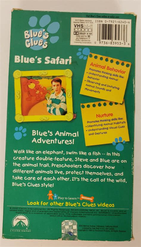 VHS Blue's Clues Blue's Safari 1999 Paramount, Nickelodeon, Play to ...