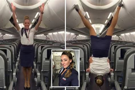 Flight attendant flips upside down and uses her feet to close luggage ...