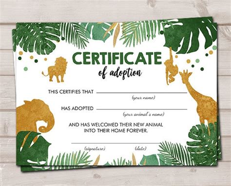 Adopt an Animal Adoption Certificate Safari Adoption Wild One Birthday Boy Green Gold Party ...