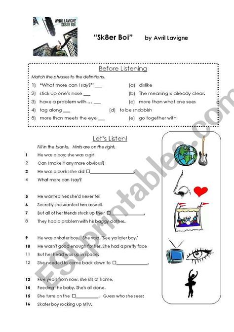 Lyrics Worksheet: Sk8er Boi by Avril Lavigne - ESL worksheet by ...