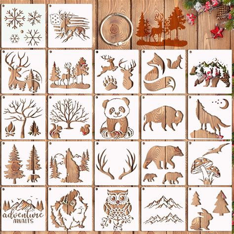 11 Pcs Deer Stencils Forest Mountain Tree Deer Head Stencils for Wood Burning Stencil Template ...