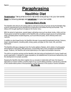 Neolithic Diet Paraphrasing Worksheet by Academic Links | TPT