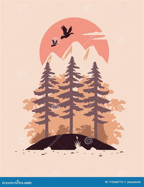 Beautiful Landscape with Birds and Forest Scene Stock Vector - Illustration of earth, decoration ...