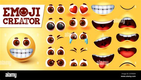 Emoji smileys creator happy vector set. Emojis emoticon character kit ...