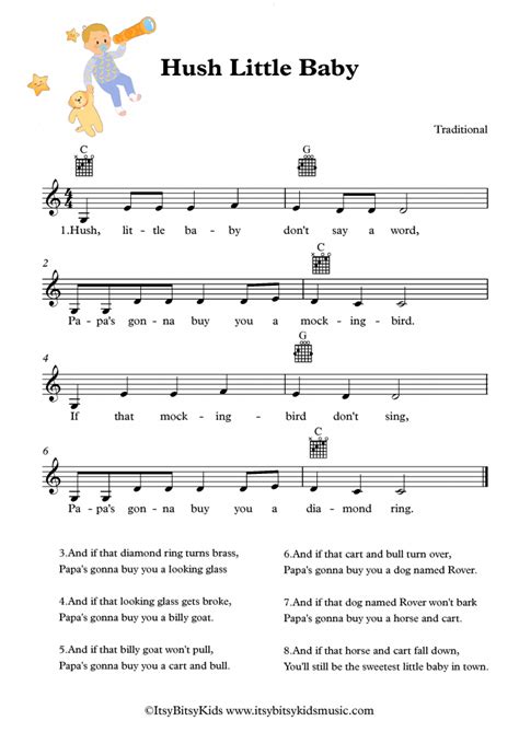 Hush Little Baby Lullaby Sheet Music With Chords Lyrics And Video