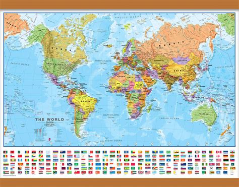 Medium Political World Wall Map with flags (Wooden hanging bars)