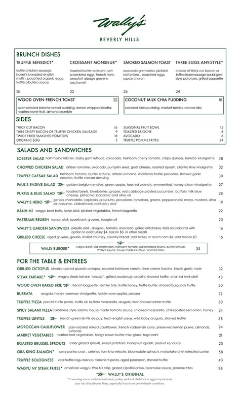 Wally's Wine and Spirits - Beverly Hills Brunch Menu - Page 1