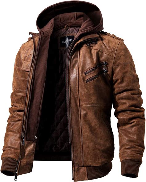 FLAVOR Men Brown Leather Motorcycle Jacket with Removable Hood : Amazon ...