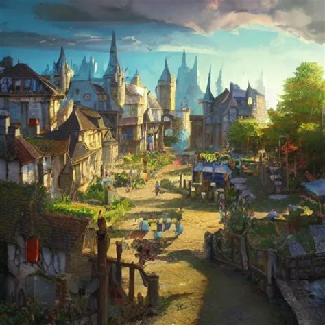 an illustration of medieval fantasy town with many | Stable Diffusion | OpenArt