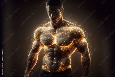 Very muscly and handsome young man made of light and electricity on his body, portrait close up ...