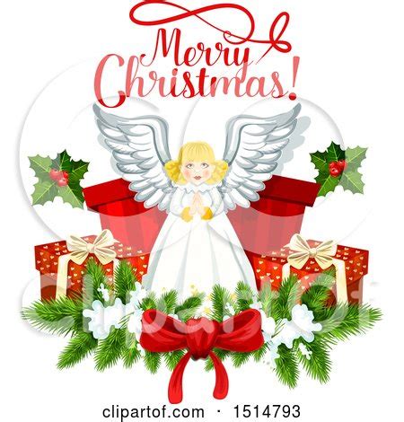 Clipart of a Merry Christmas Greeting and Angel - Royalty Free Vector ...