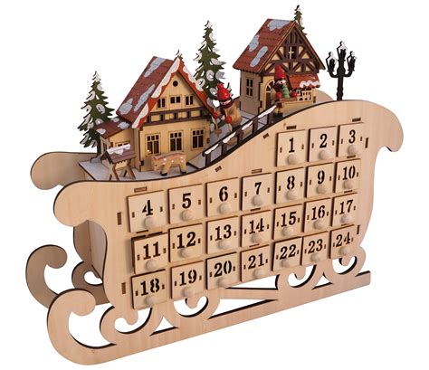 LED Lighted Wooden Bavarian Sleigh Advent Calendar - Christmas Decoration With 24 Storage ...