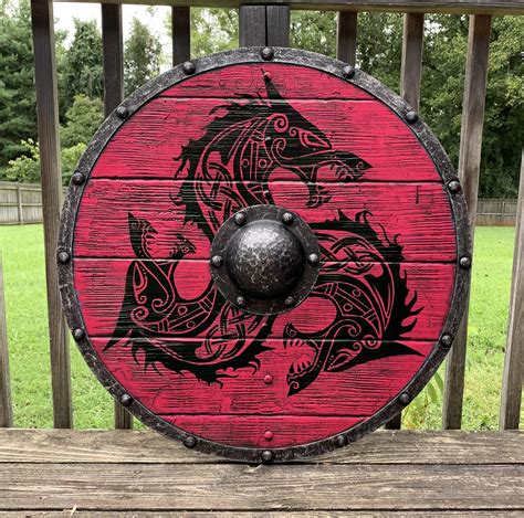 Red Fenrir Viking Shield with Battleworn finish | Viking shield design, Viking shield, Viking art
