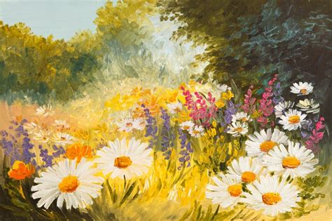 Oil Painting - Field of Daisies. Colorfull Art Drawing Stock Illustration - Illustration of ...