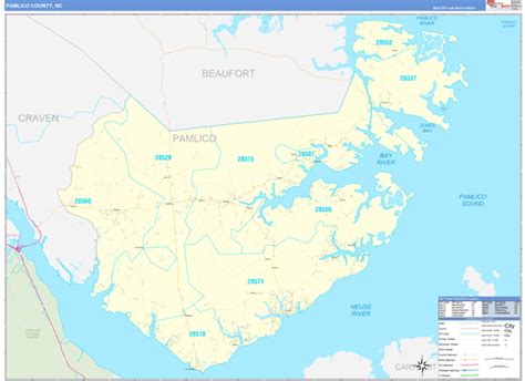 Pamlico County, NC Zip Code Wall Map Basic Style by MarketMAPS - MapSales