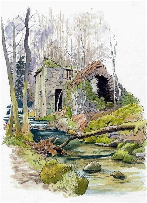 Moulin de Malvoissière | Watercolor landscape paintings, Landscape drawings, Landscape paintings