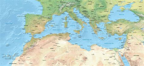 Vector Map of the Mediterranean, political with shaded relief | One Stop Map