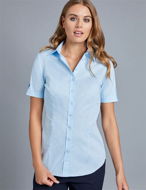 Women's Ice Blue Fitted Short Sleeve Shirt | Hawes & Curtis