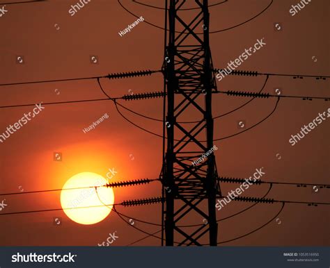 Silhouette Electrical Tower Sunset Sky Background Stock Photo ...