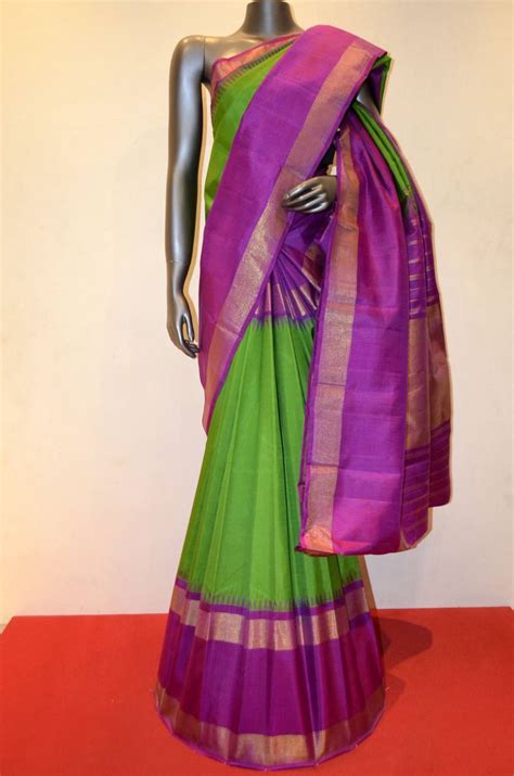Green Traditional Kanjeevaram Adoring With Contrast Purple Tissue Zari Border Product Code ...