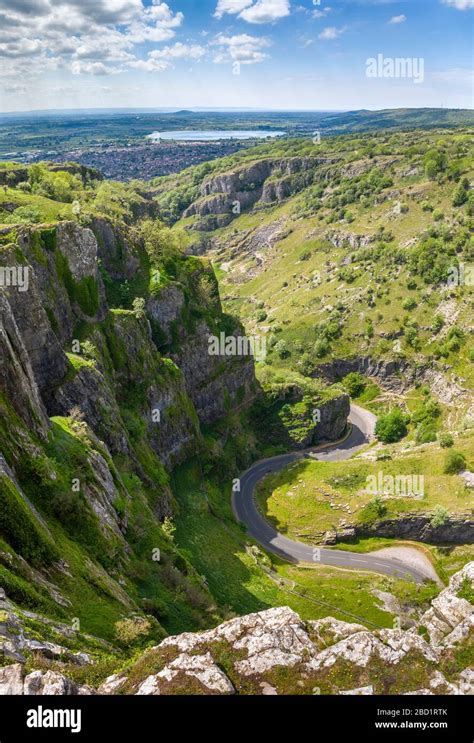 Aerial view by drone of Cheddar Gorge on a sunny day, Somerset, England, United Kingdom, Europe ...