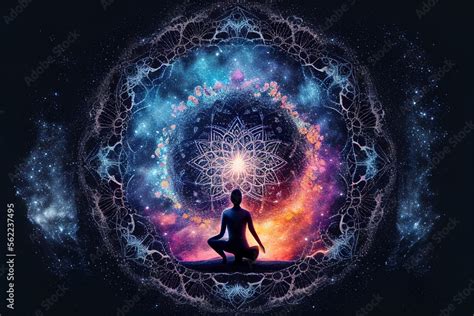 Man meditate chakra energy with mandala object. Human yoga pose and meditation against universe ...