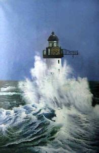 Wonderful oil painting seascape lighthouse with big ocean waves canvas ...