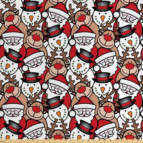 Christmas Fabric by The Yard, Snowman Reindeer Santa Claus Cartoon Image Theme Winter ...