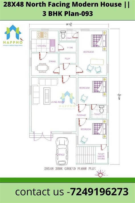 28X48 North Facing Modern House || 3 BHK Plan-093 | North facing house, House floor plans, Floor ...