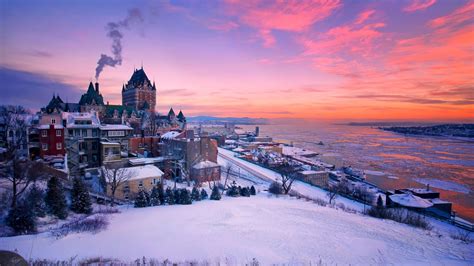 architecture, building, Quebec, Canada, sunset, evening, winter, snow, river, smoke, tower, hill ...