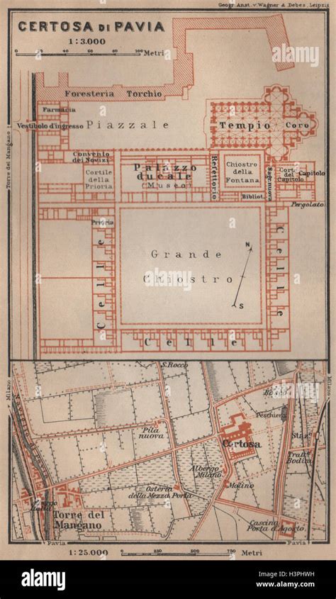 CERTOSA DI PAVIA ground plan. Italy. Torre del Mangano mappa Stock ...