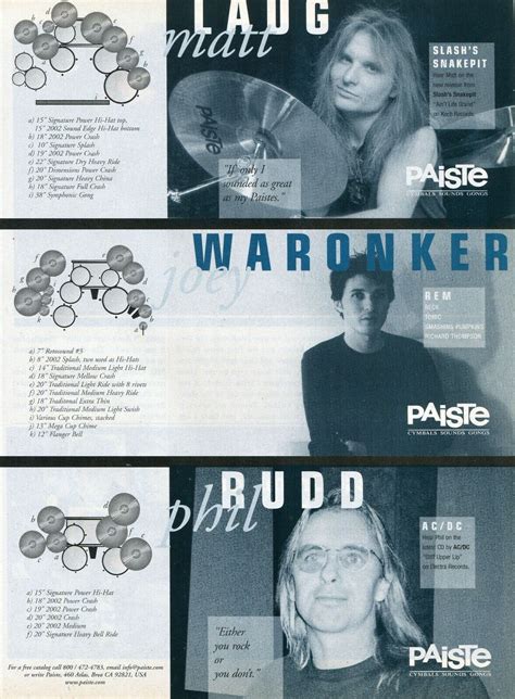 2001 Print Ad of Paiste Drum Cymbal Setup w Matt Laug, Phil Rudd, Joey ...