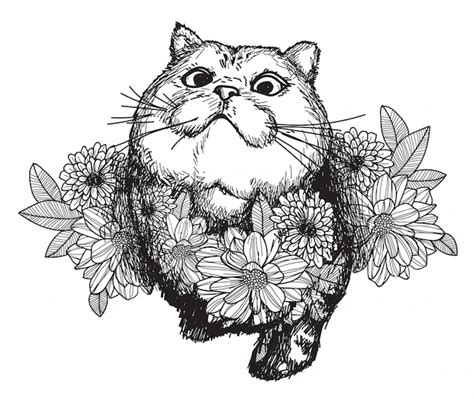 Premium Vector | Tattoo art cat and flower drawing and sketch with line ...