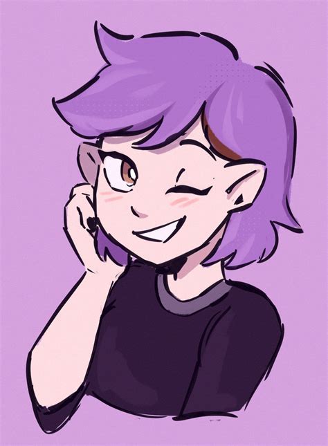 a drawing of a woman with purple hair and an earring on her left hand