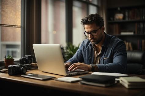 Premium AI Image | Man working on laptop over desk