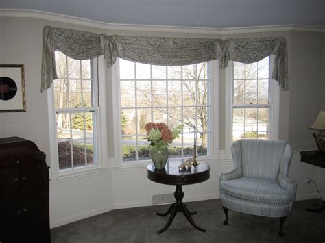 Gathered Tab Swags & Jabots for Bay Window | Dining room windows, Bow window curtains, Bow window