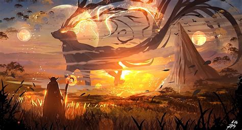 HD wallpaper: anime wallpaper, fantasy art, sunset, digital art, magic ...