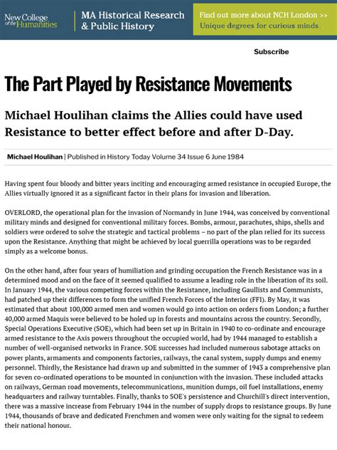 Role of Resistance Movements in WW2 History Today | PDF | French Resistance | Operation Overlord