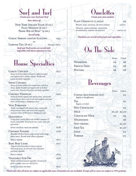 Cavelier Room menu in Kingston, Ontario, Canada